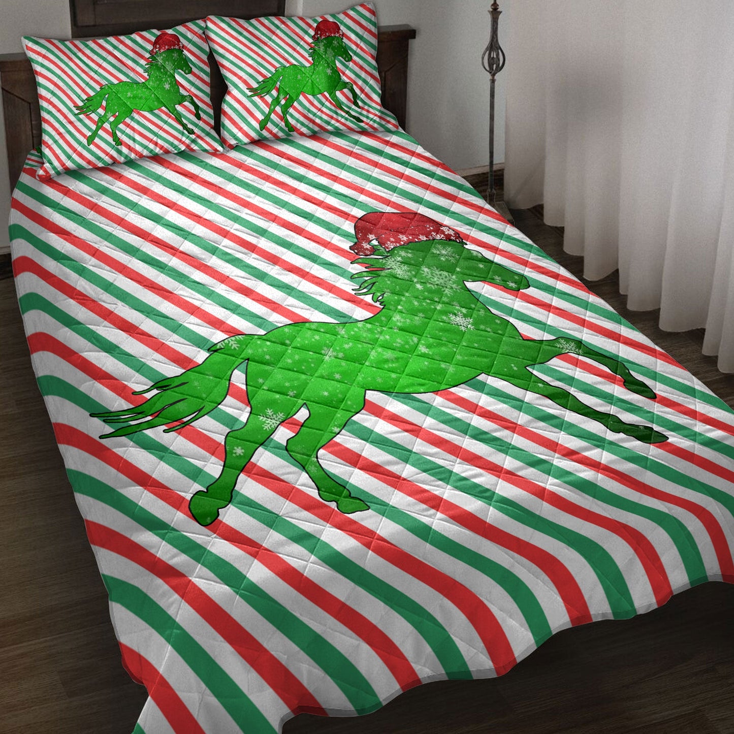 Horse Quilt Set, Horsemas Hat Cane Candy Stripes Shiny Green Winter Holiday Quilt Blanket With Pillowcases, Quilt Bedding Set, Christmas Gift