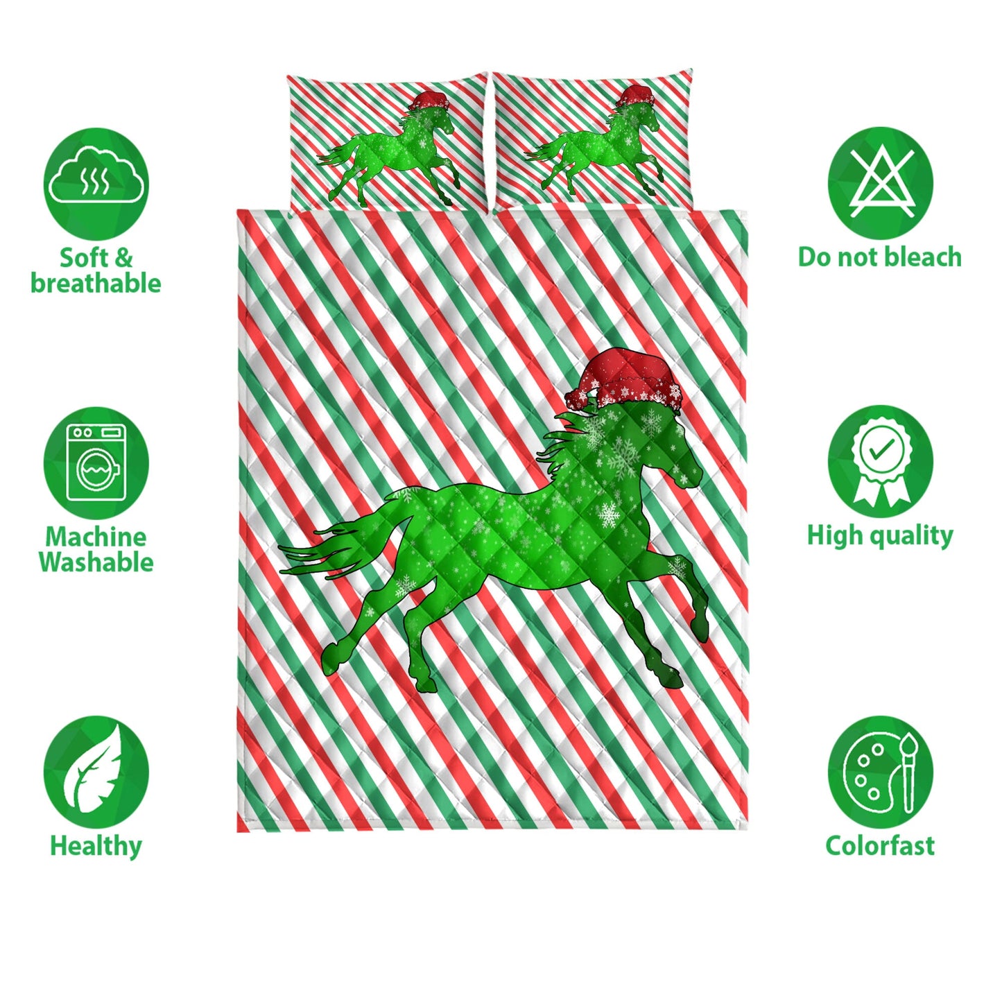 Horse Quilt Set, Horsemas Hat Cane Candy Stripes Shiny Green Winter Holiday Quilt Blanket With Pillowcases, Quilt Bedding Set, Christmas Gift