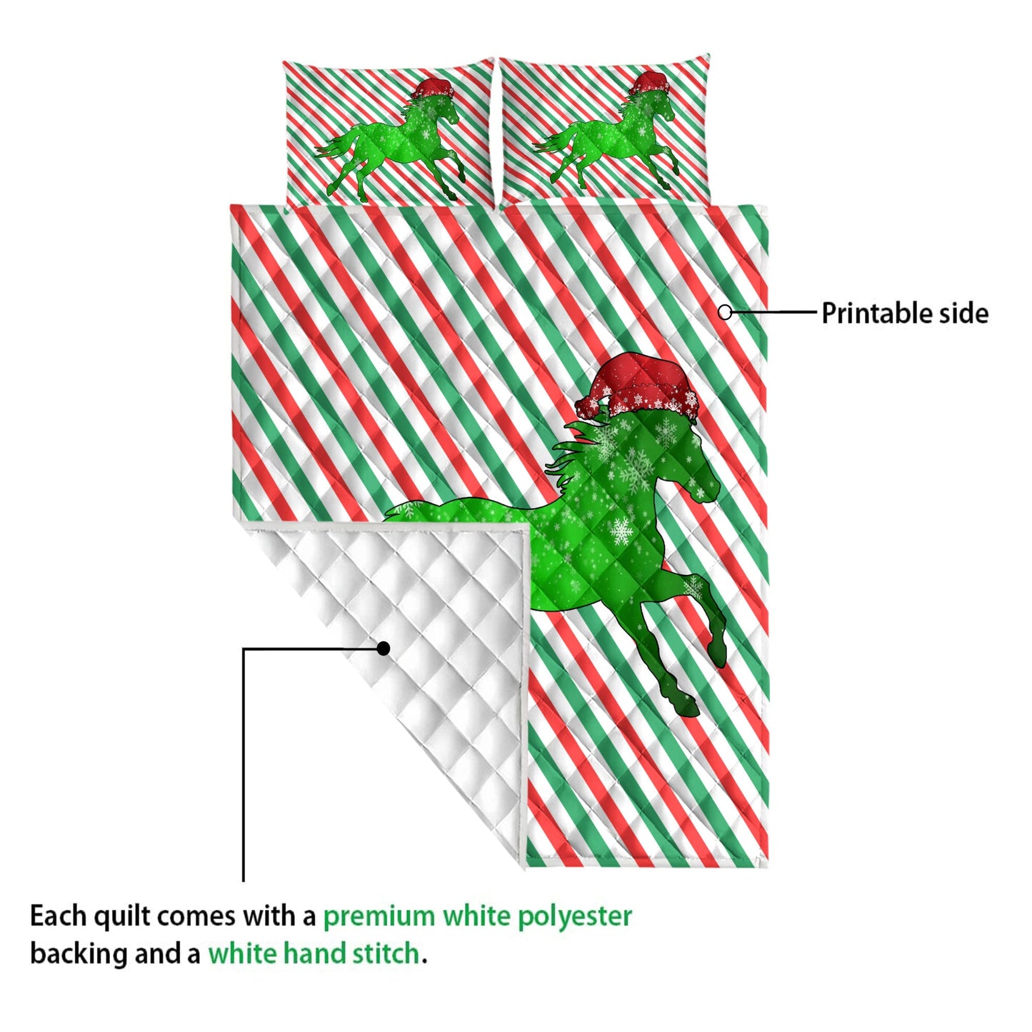 Horse Quilt Set, Horsemas Hat Cane Candy Stripes Shiny Green Winter Holiday Quilt Blanket With Pillowcases, Quilt Bedding Set, Christmas Gift