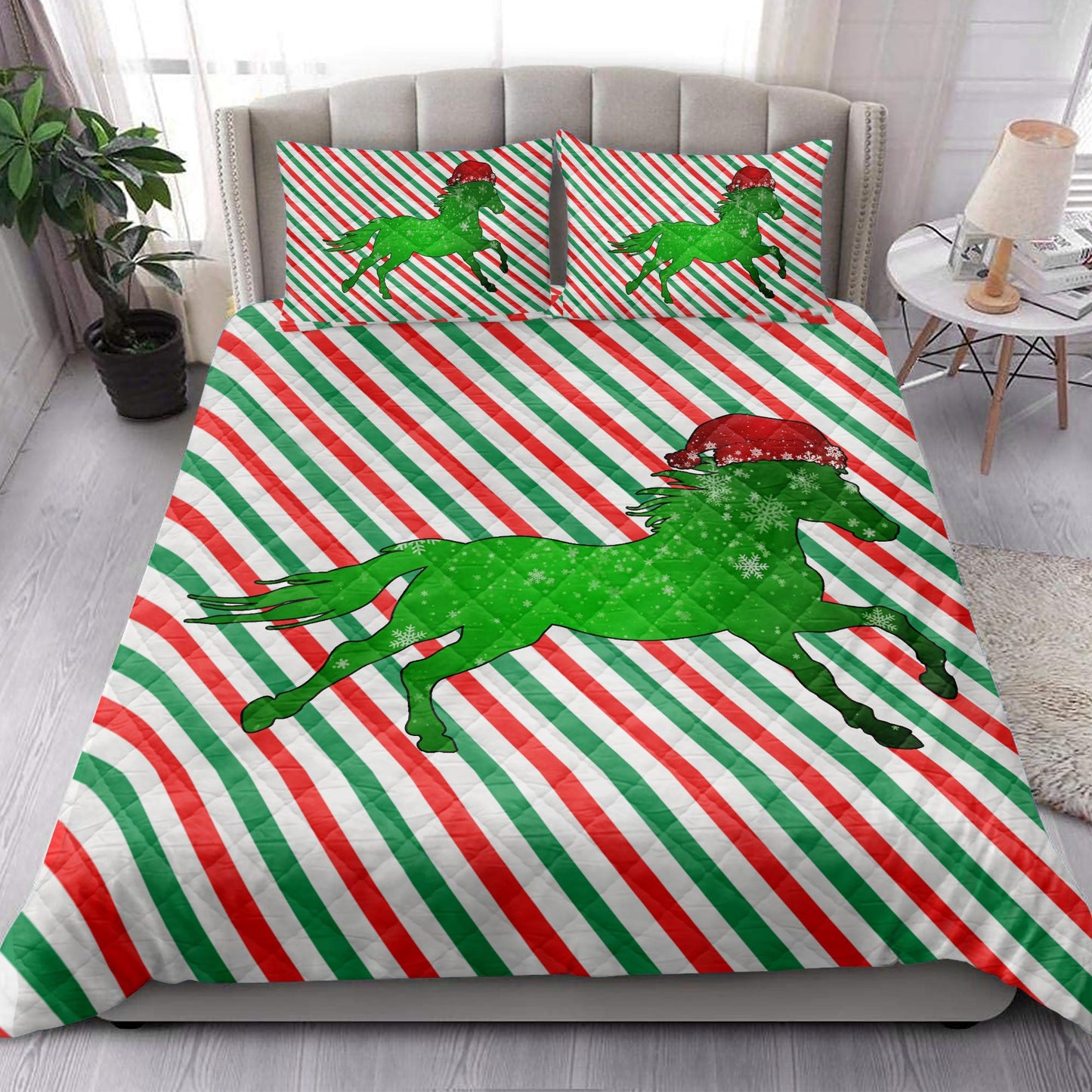 Horse Quilt Set, Horsemas Hat Cane Candy Stripes Shiny Green Winter Holiday Quilt Blanket With Pillowcases, Quilt Bedding Set, Christmas Gift