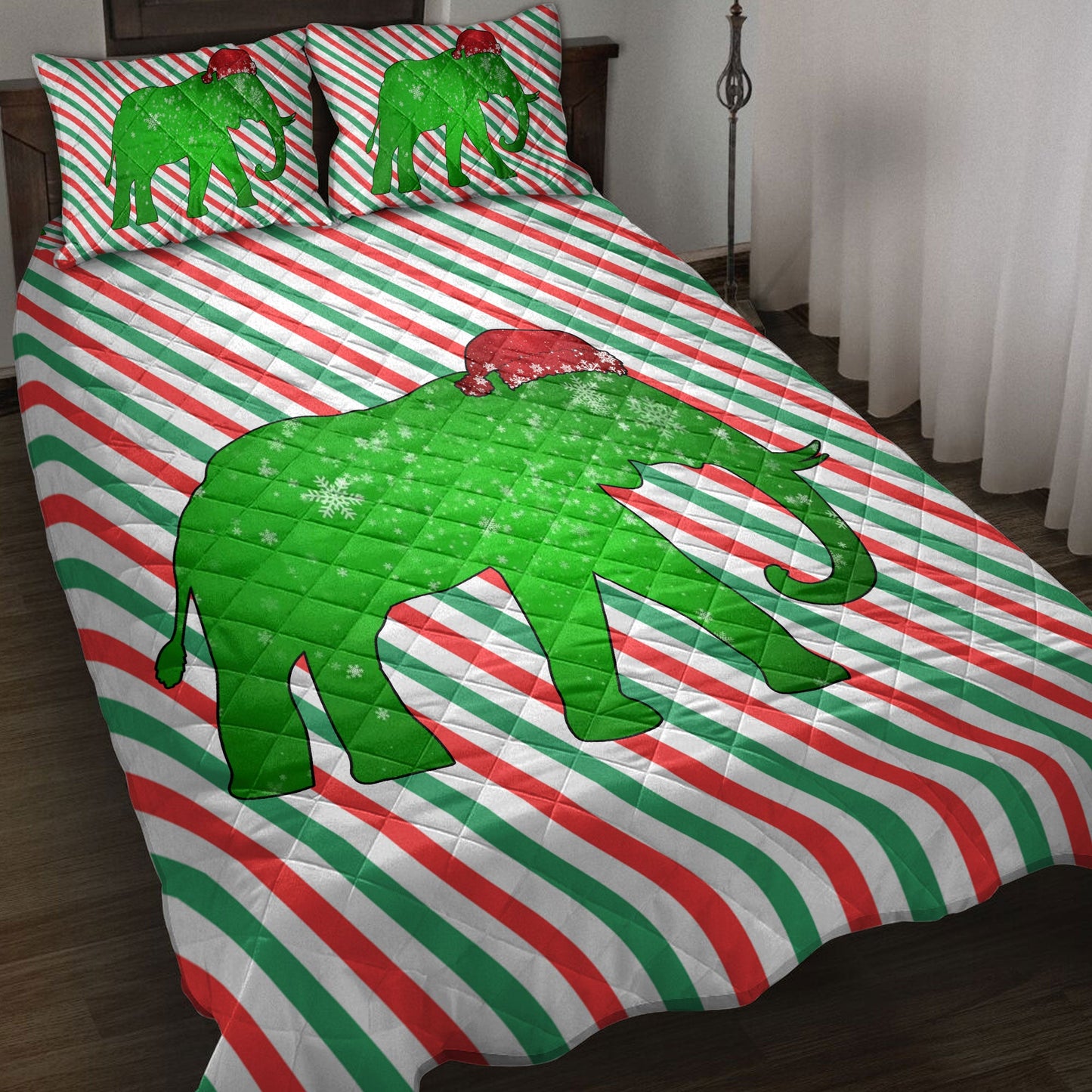 Elephant Quilt Set, Elephantmas Hat Cane Candy Stripes Shiny Green Winter Holiday Quilt Blanket With Pillowcases, Quilt Bedding Set, Christmas Gift