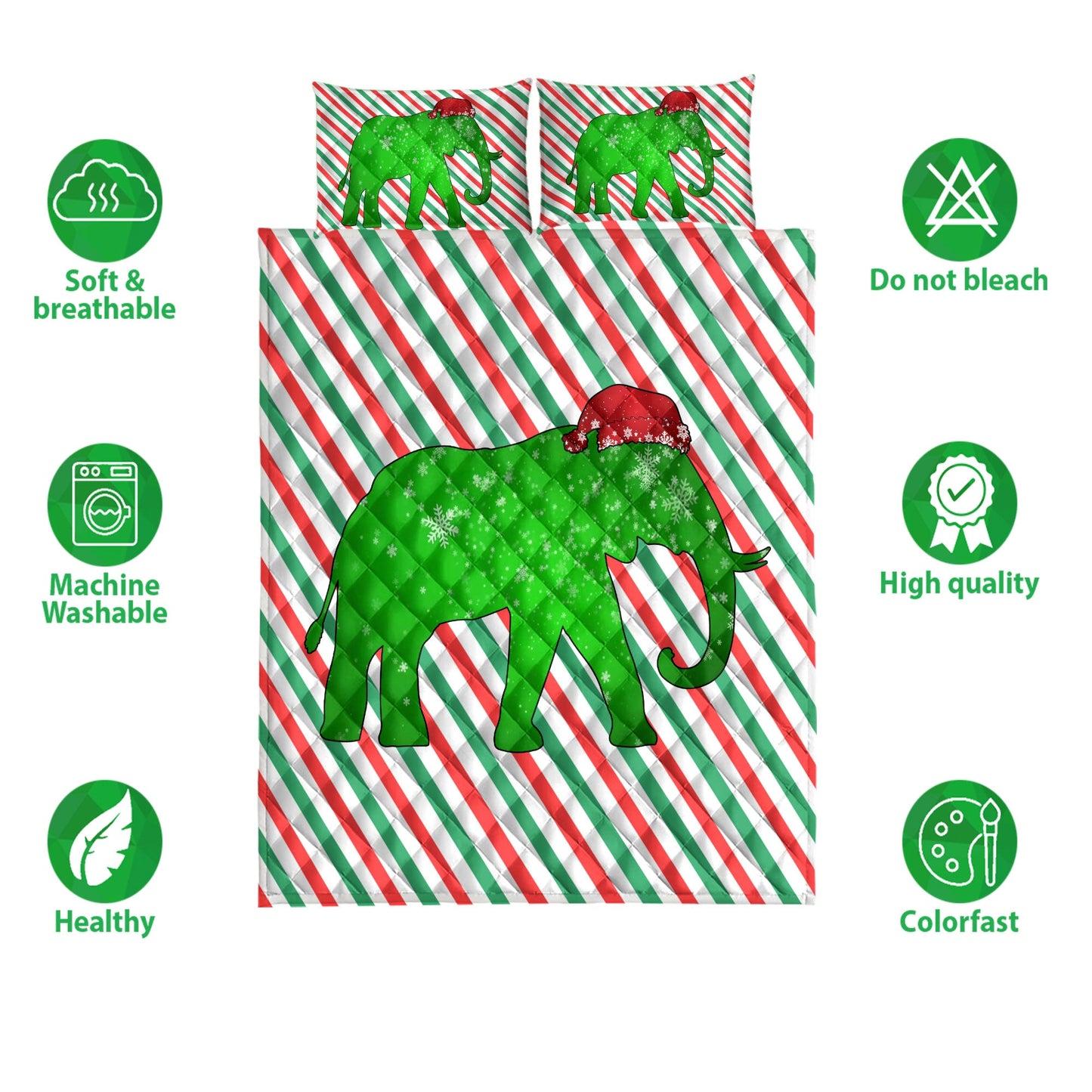 Elephant Quilt Set, Elephantmas Hat Cane Candy Stripes Shiny Green Winter Holiday Quilt Blanket With Pillowcases, Quilt Bedding Set, Christmas Gift