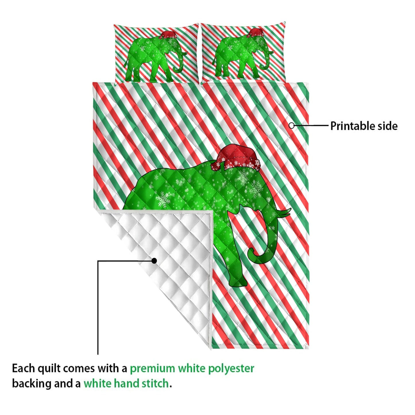 Elephant Quilt Set, Elephantmas Hat Cane Candy Stripes Shiny Green Winter Holiday Quilt Blanket With Pillowcases, Quilt Bedding Set, Christmas Gift
