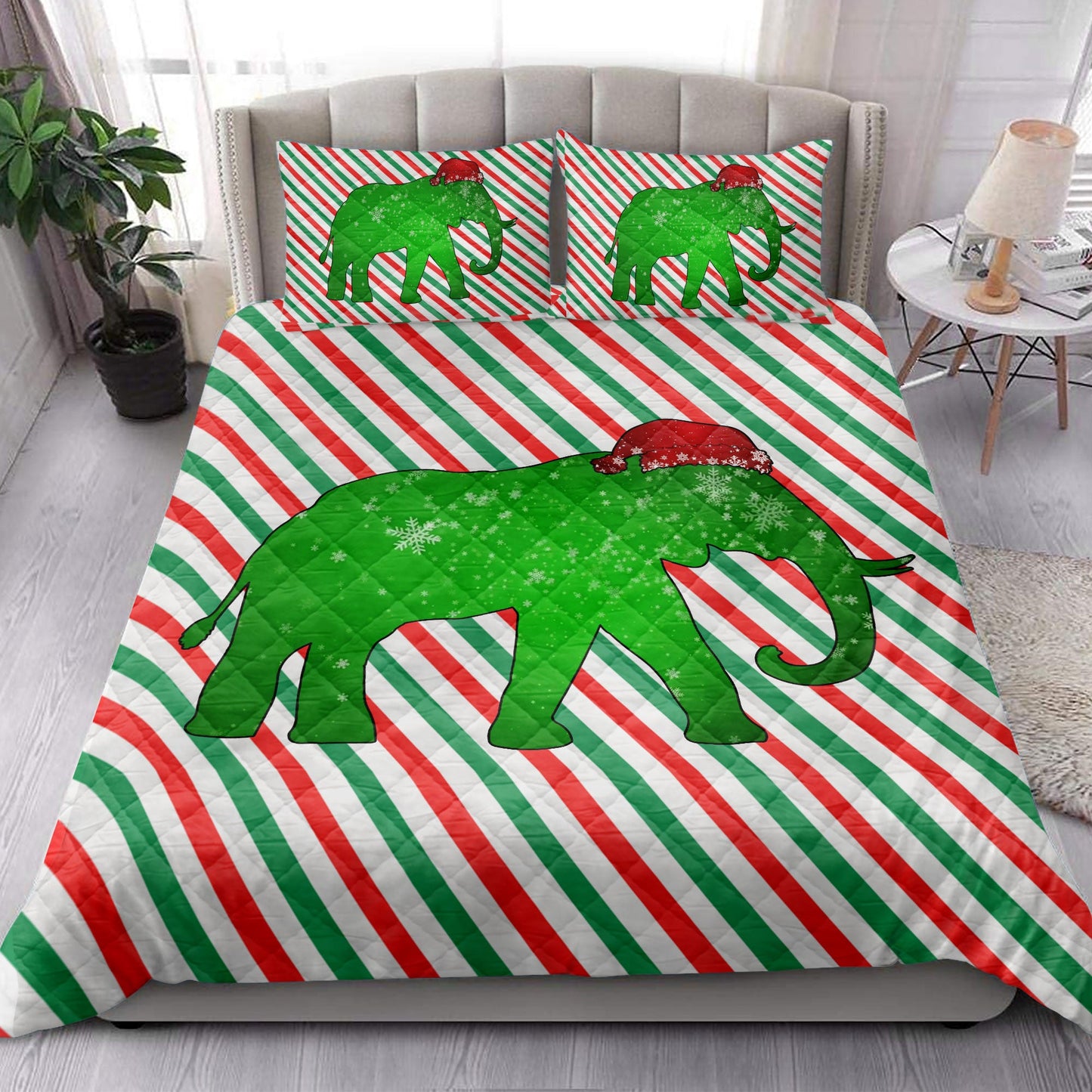 Elephant Quilt Set, Elephantmas Hat Cane Candy Stripes Shiny Green Winter Holiday Quilt Blanket With Pillowcases, Quilt Bedding Set, Christmas Gift
