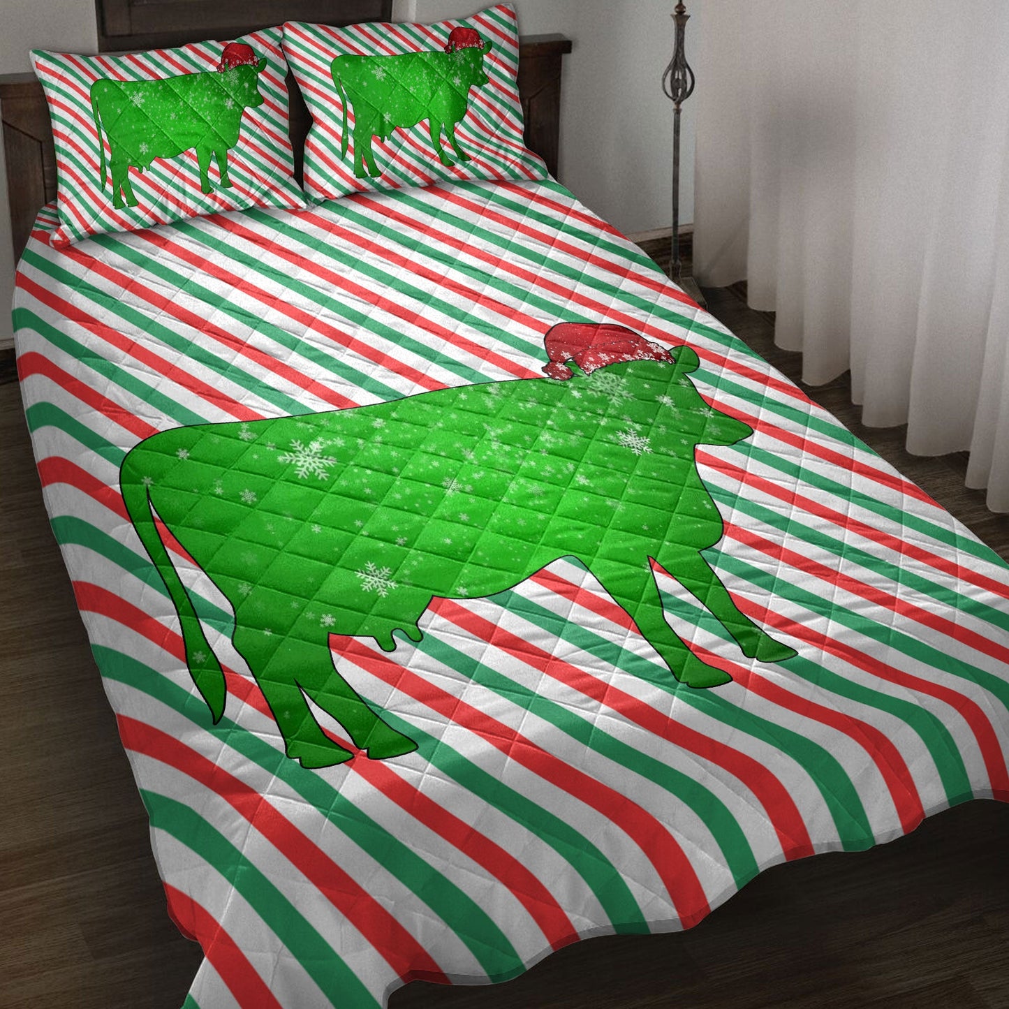 Cow Quilt Set, Cowmas Hat Cane Candy Stripes Shiny Green Winter Holiday Quilt Blanket With Pillowcases, Quilt Bedding Set, Christmas Gift