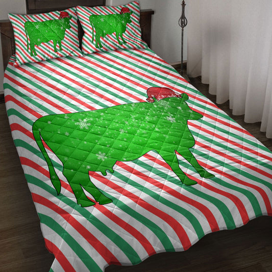 Cow Quilt Set, Cowmas Hat Cane Candy Stripes Shiny Green Winter Holiday Quilt Blanket With Pillowcases, Quilt Bedding Set, Christmas Gift