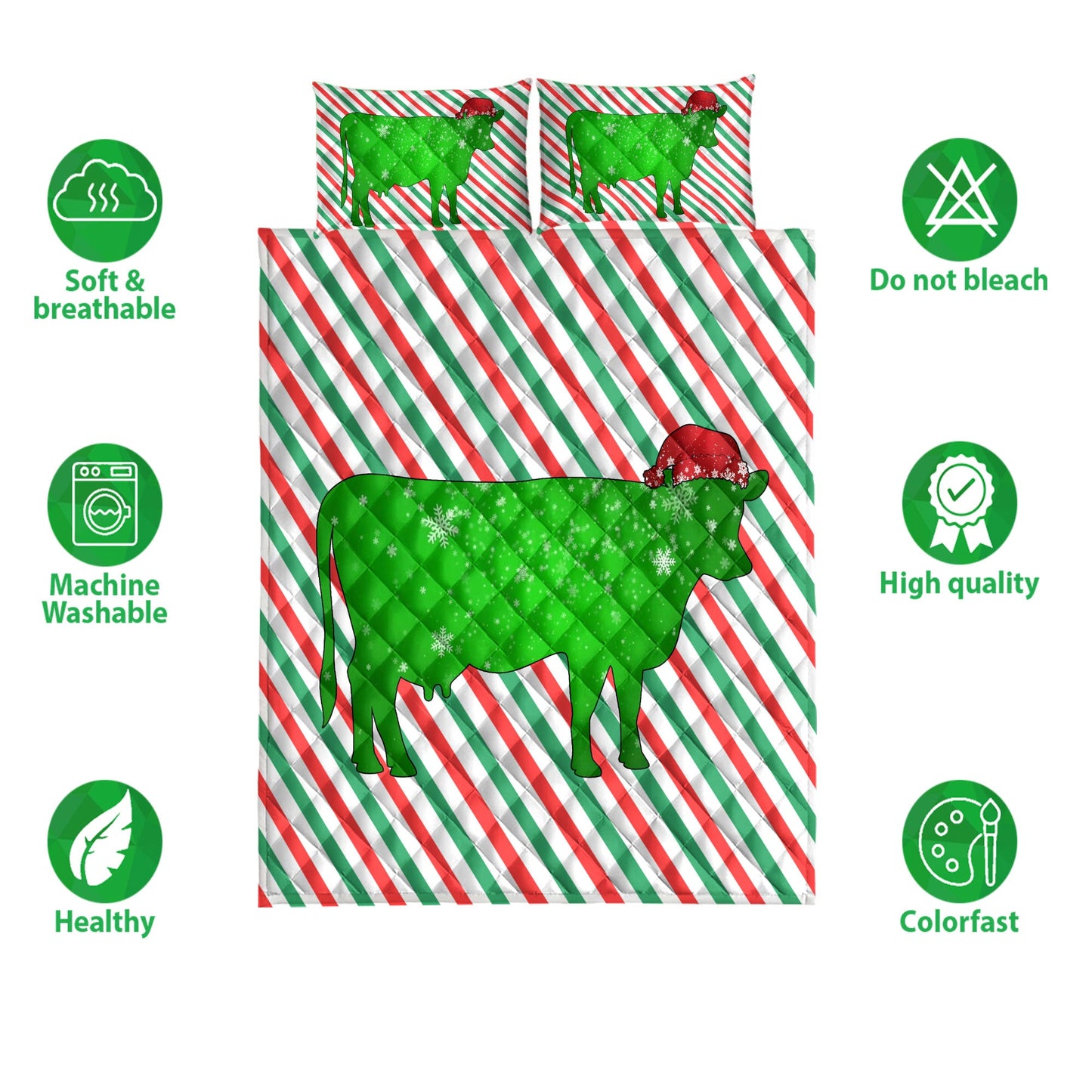 Cow Quilt Set, Cowmas Hat Cane Candy Stripes Shiny Green Winter Holiday Quilt Blanket With Pillowcases, Quilt Bedding Set, Christmas Gift