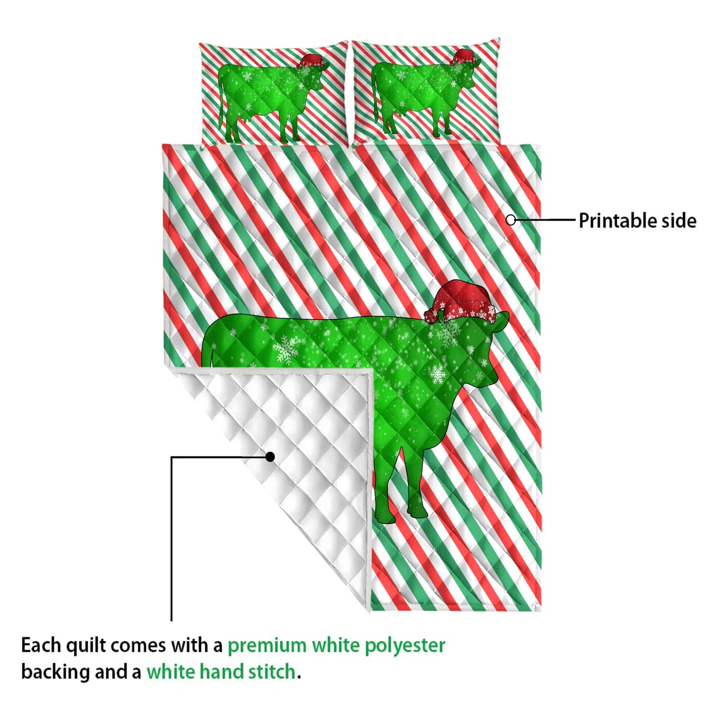 Cow Quilt Set, Cowmas Hat Cane Candy Stripes Shiny Green Winter Holiday Quilt Blanket With Pillowcases, Quilt Bedding Set, Christmas Gift