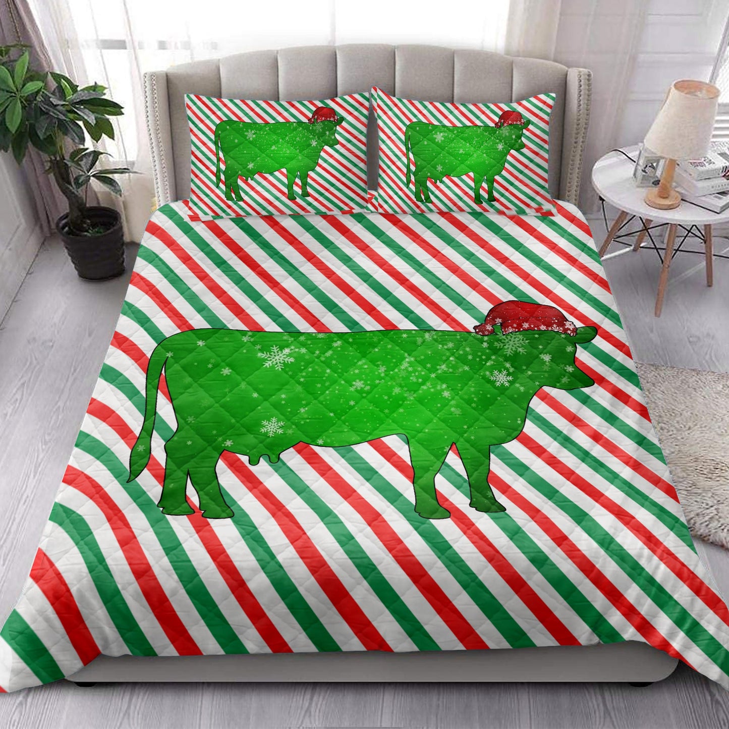 Cow Quilt Set, Cowmas Hat Cane Candy Stripes Shiny Green Winter Holiday Quilt Blanket With Pillowcases, Quilt Bedding Set, Christmas Gift