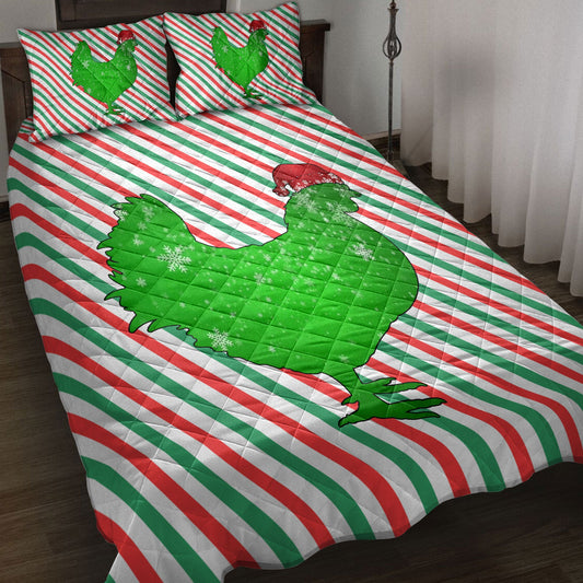 Chicken Quilt Set, Chickenmas Hat Cane Candy Stripes Shiny Green Winter Holiday Quilt Blanket With Pillowcases, Quilt Bedding Set, Christmas Gift