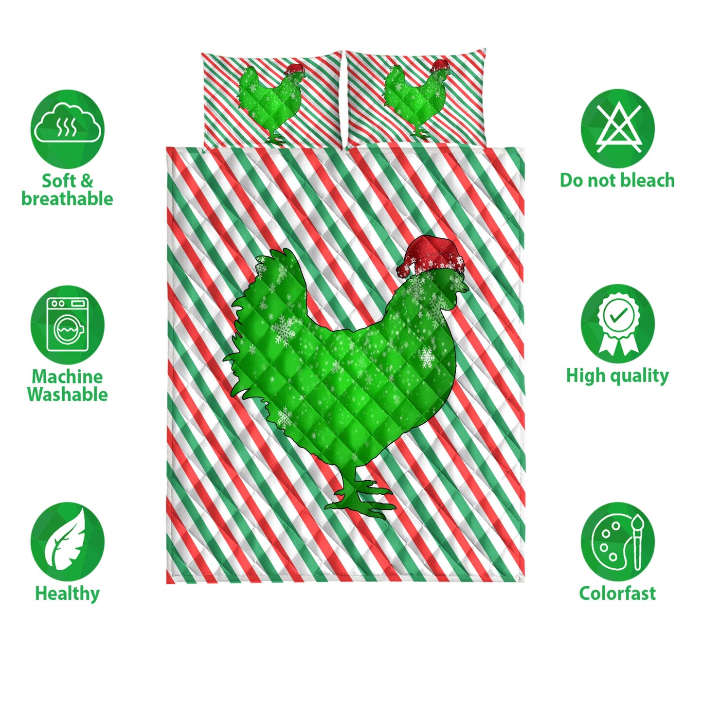 Chicken Quilt Set, Chickenmas Hat Cane Candy Stripes Shiny Green Winter Holiday Quilt Blanket With Pillowcases, Quilt Bedding Set, Christmas Gift