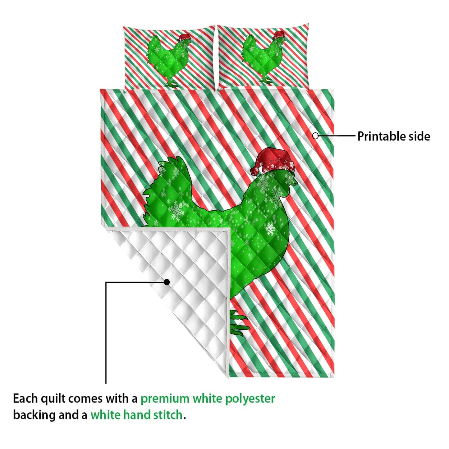 Chicken Quilt Set, Chickenmas Hat Cane Candy Stripes Shiny Green Winter Holiday Quilt Blanket With Pillowcases, Quilt Bedding Set, Christmas Gift