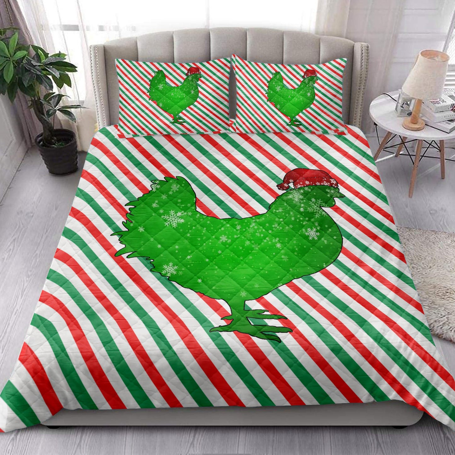 Chicken Quilt Set, Chickenmas Hat Cane Candy Stripes Shiny Green Winter Holiday Quilt Blanket With Pillowcases, Quilt Bedding Set, Christmas Gift