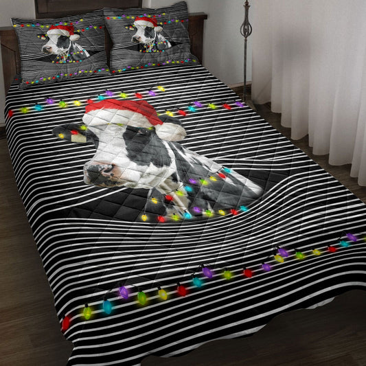 Cow Quilt Set, Funny Cow Withmas Hat String Light Xmas Winter Holiday Quilt Blanket With Pillowcases, Quilt Bedding Set, Christmas Gift