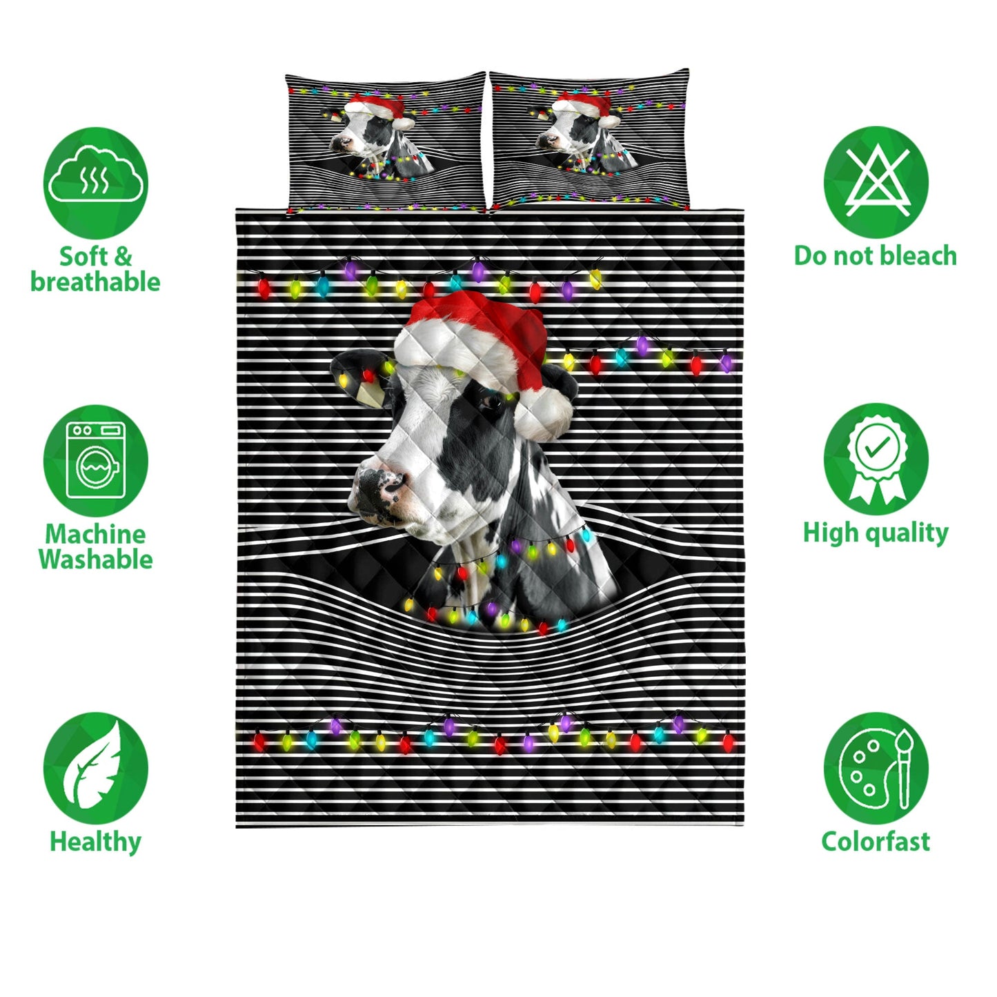 Cow Quilt Set, Funny Cow Withmas Hat String Light Xmas Winter Holiday Quilt Blanket With Pillowcases, Quilt Bedding Set, Christmas Gift