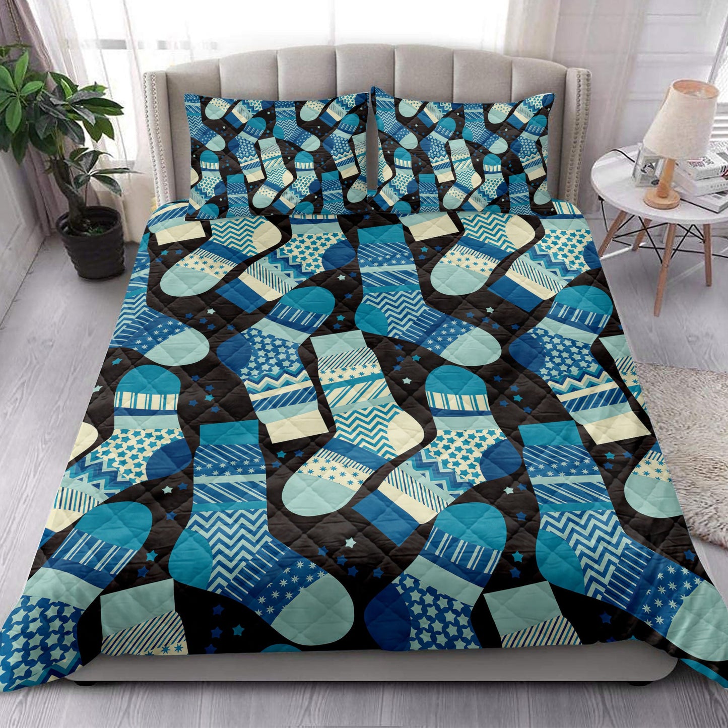 Christmas Quilt Set, Christmas Green Stocking Snowflakes Winter Holidaymass Quilt Blanket With Pillowcases, Quilt Bedding Set, Christmas Gift