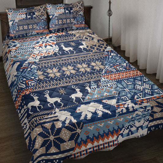 Christmas Quilt Set, Winter Nordic Style Abstract Jacquard Seamless Patchwork Quilt Blanket With Pillowcases, Quilt Bedding Set