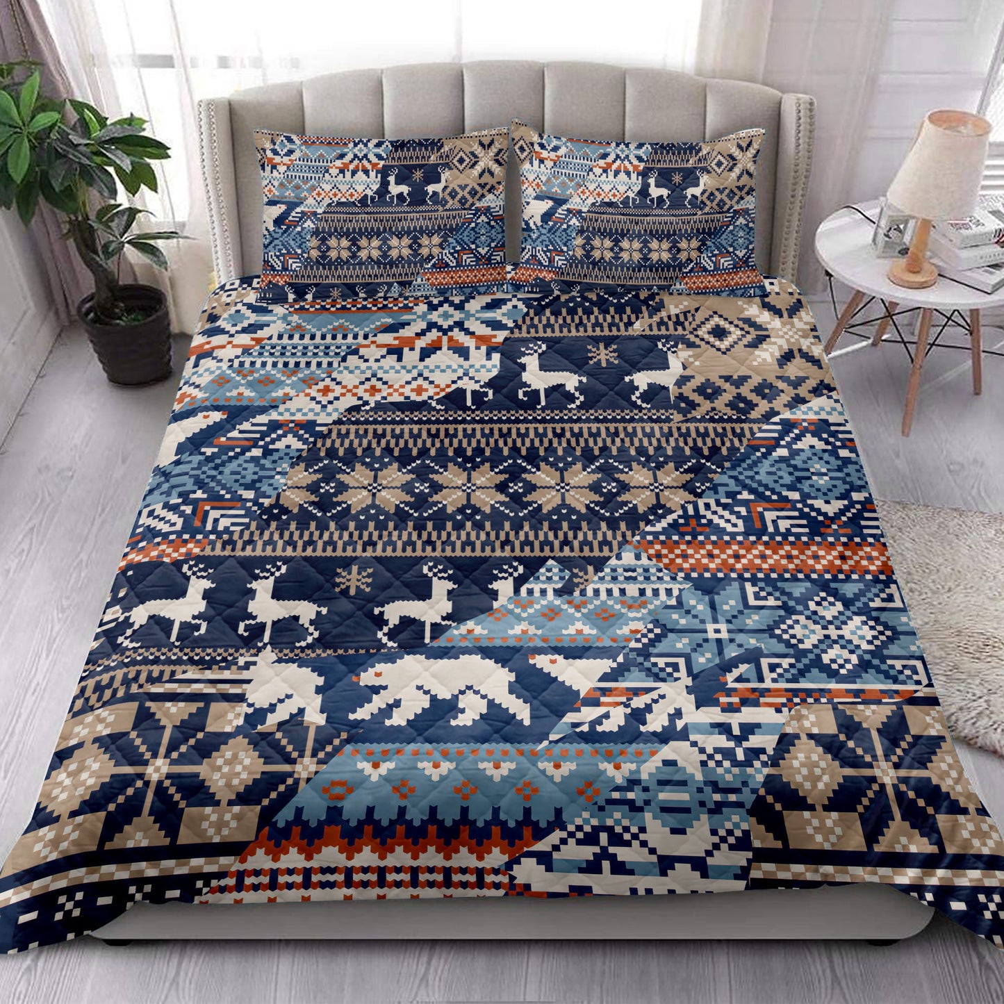 Christmas Quilt Set, Winter Nordic Style Abstract Jacquard Seamless Patchwork Quilt Blanket With Pillowcases, Quilt Bedding Set