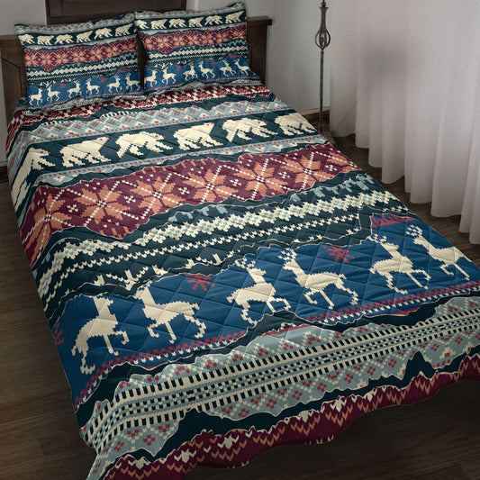 Christmas Quilt Set, Winter Nordic Patchwork Abstract Jacquard Patchworkmas Quilt Blanket With Pillowcases, Quilt Bedding Set, Christmas Gift