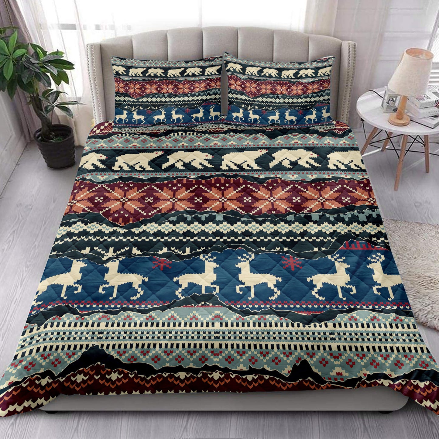 Christmas Quilt Set, Winter Nordic Patchwork Abstract Jacquard Patchworkmas Quilt Blanket With Pillowcases, Quilt Bedding Set, Christmas Gift