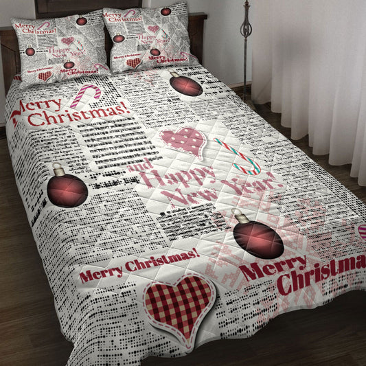 Christmas Quilt Set, Merrymas Happy New Year Newspapermas Quilt Blanket With Pillowcases, Quilt Bedding Set, Christmas Gift