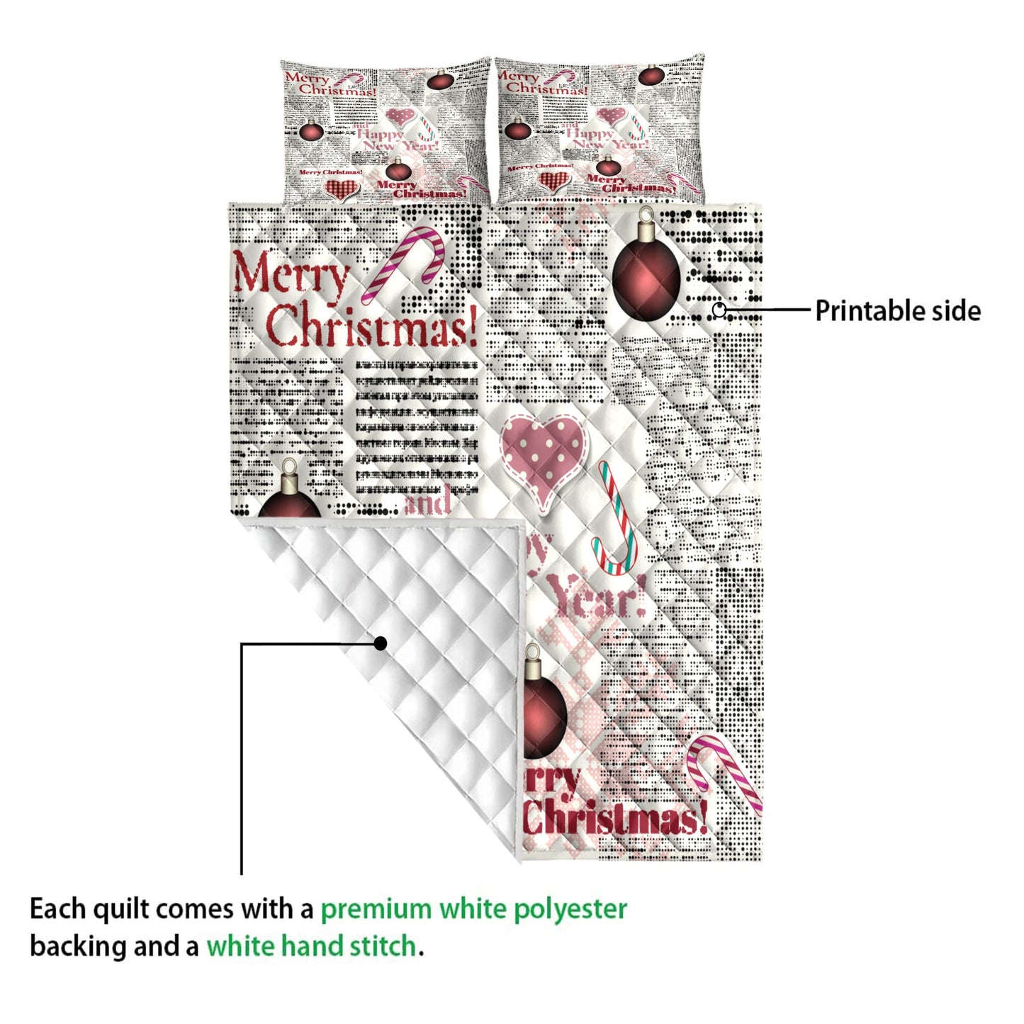 Christmas Quilt Set, Merrymas Happy New Year Newspapermas Quilt Blanket With Pillowcases, Quilt Bedding Set, Christmas Gift