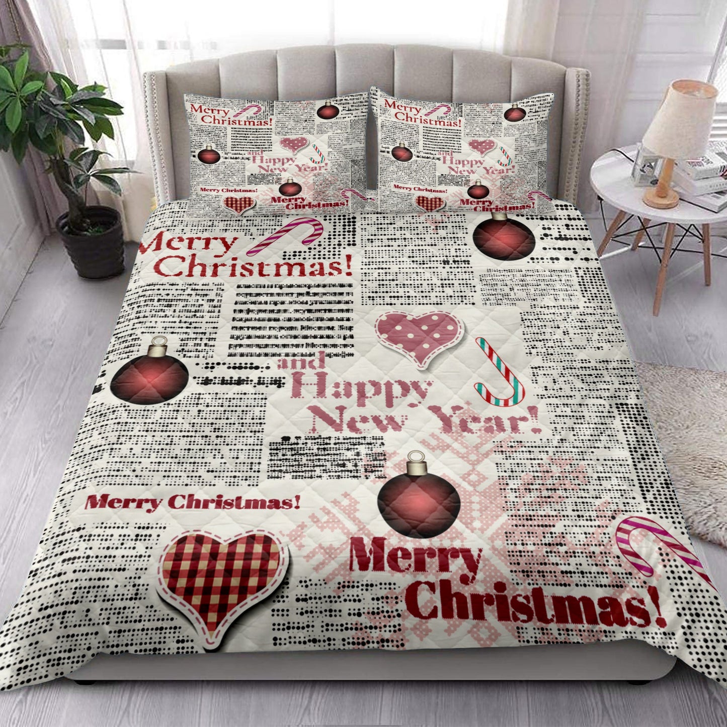 Christmas Quilt Set, Merrymas Happy New Year Newspapermas Quilt Blanket With Pillowcases, Quilt Bedding Set, Christmas Gift