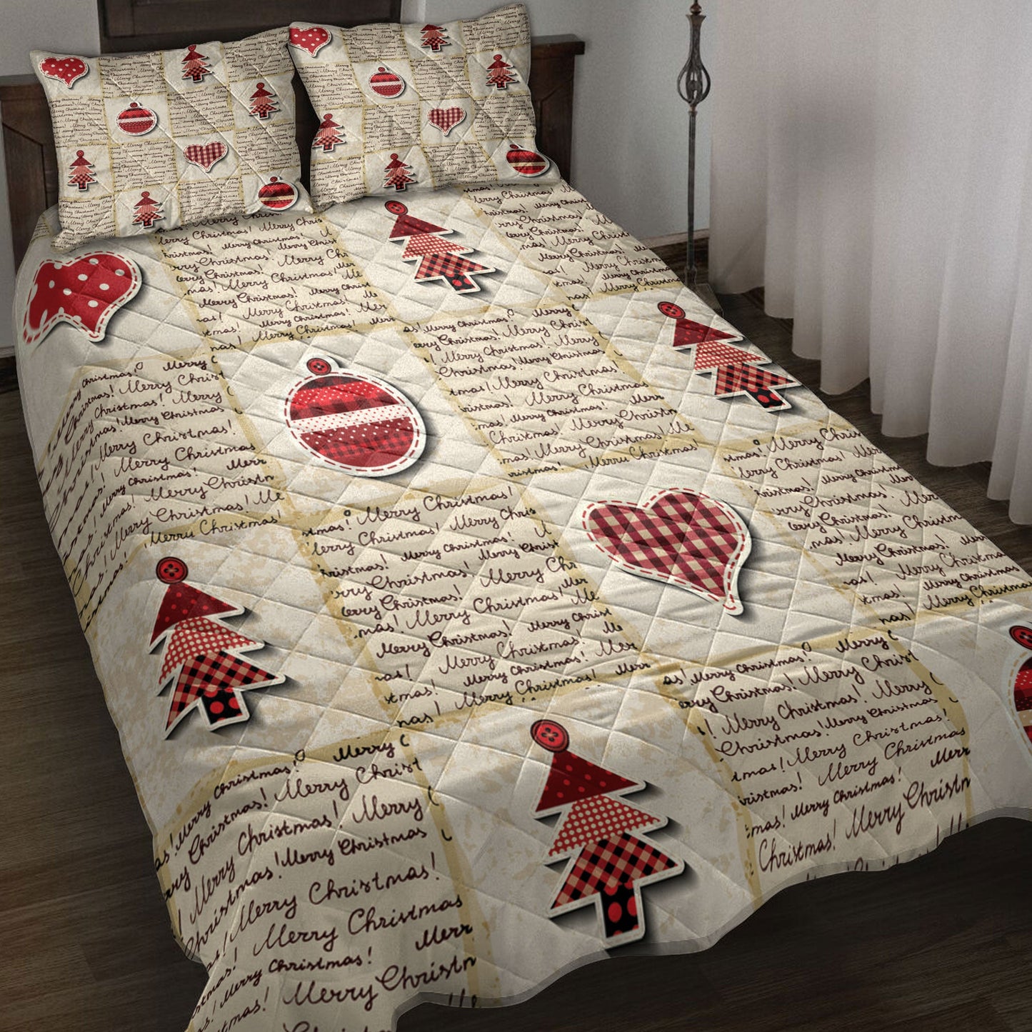 Christmas Quilt Set, Merrymas Newspaper Patchwork Redmass Quilt Blanket With Pillowcases, Quilt Bedding Set, Christmas Gift