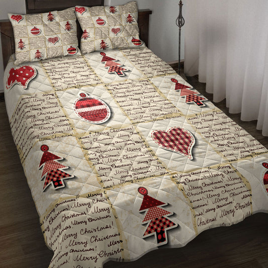 Christmas Quilt Set, Merrymas Newspaper Patchwork Redmass Quilt Blanket With Pillowcases, Quilt Bedding Set, Christmas Gift