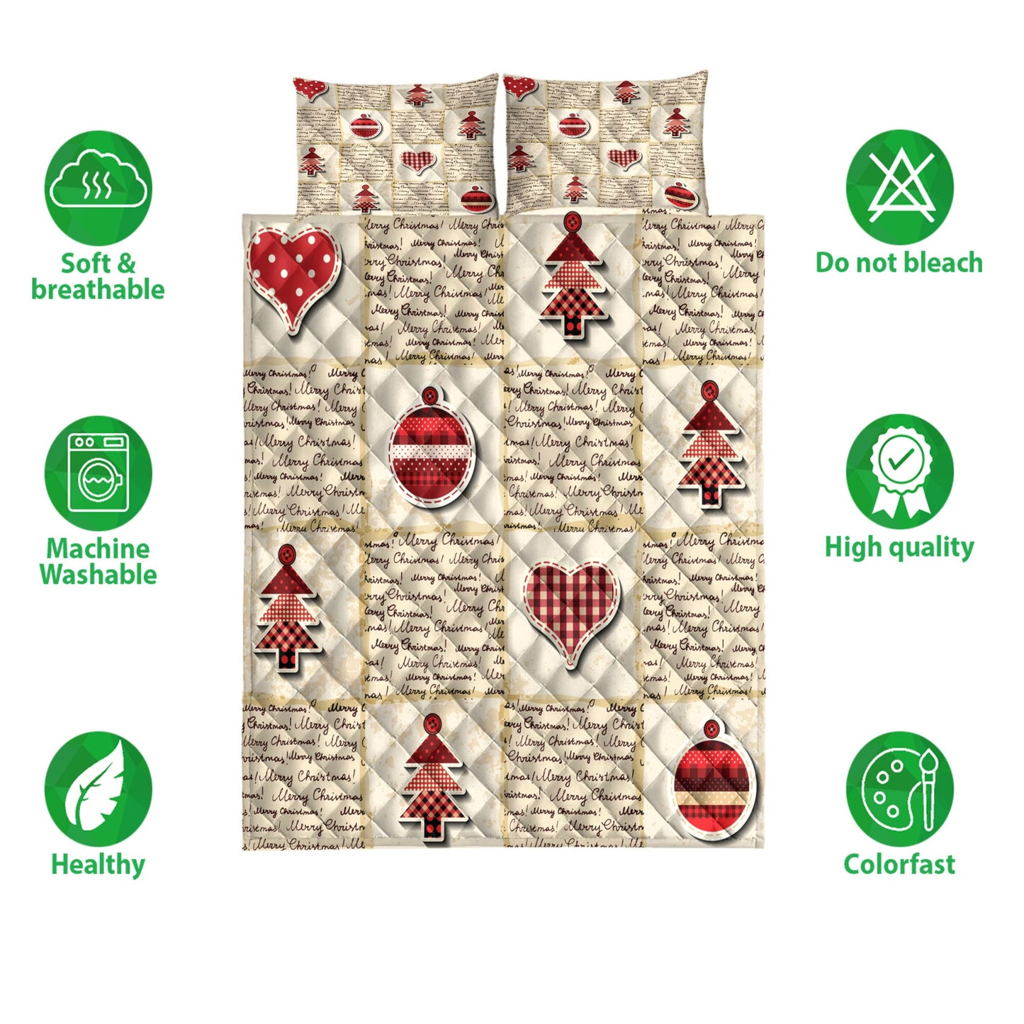 Christmas Quilt Set, Merrymas Newspaper Patchwork Redmass Quilt Blanket With Pillowcases, Quilt Bedding Set, Christmas Gift