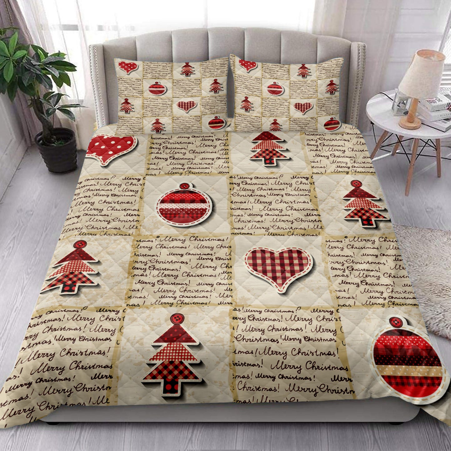 Christmas Quilt Set, Merrymas Newspaper Patchwork Redmass Quilt Blanket With Pillowcases, Quilt Bedding Set, Christmas Gift