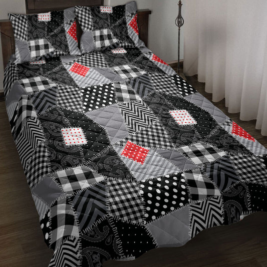 Christmas Quilt Set, Christmas Patchwork Buffalo Plaid Black And Whitemass Quilt Blanket With Pillowcases, Quilt Bedding Set, Christmas Gift