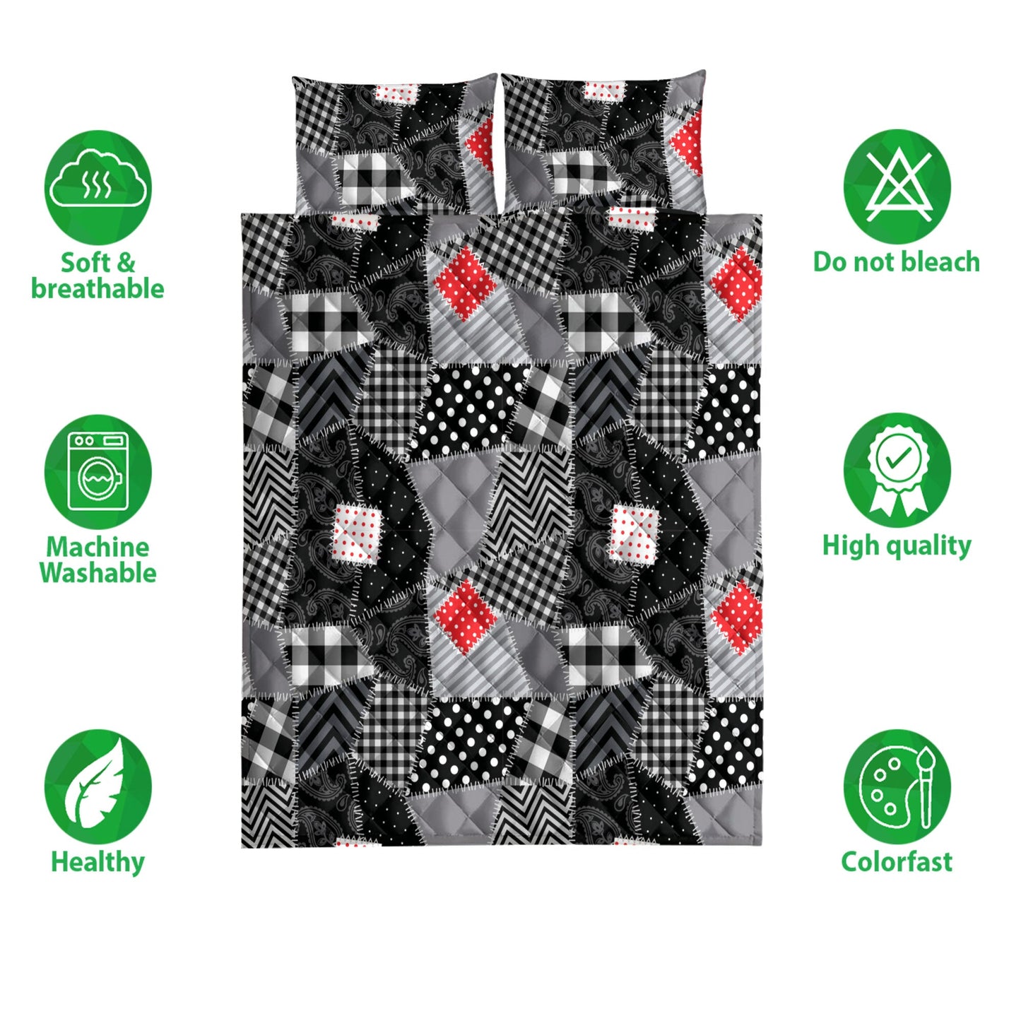 Christmas Quilt Set, Christmas Patchwork Buffalo Plaid Black And Whitemass Quilt Blanket With Pillowcases, Quilt Bedding Set, Christmas Gift
