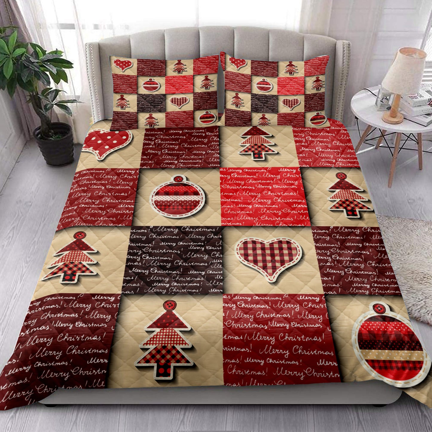 Christmas Quilt Set, Merrymas Patchworkmas Tree Redmass Quilt Blanket With Pillowcases, Quilt Bedding Set, Christmas Gift