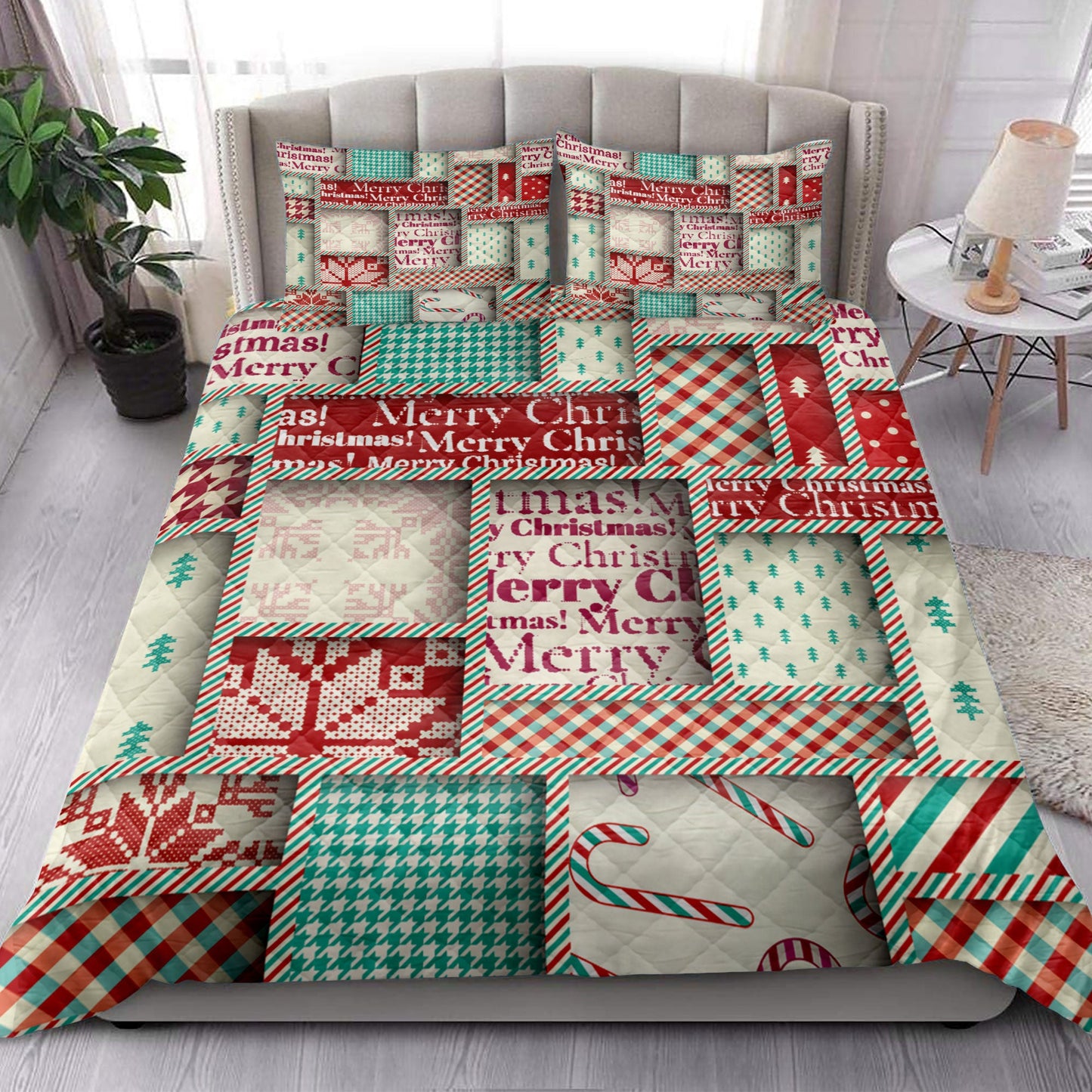 Christmas Quilt Set, Merrymas Patchwork Uglymass Quilt Blanket With Pillowcases, Quilt Bedding Set, Christmas Gift