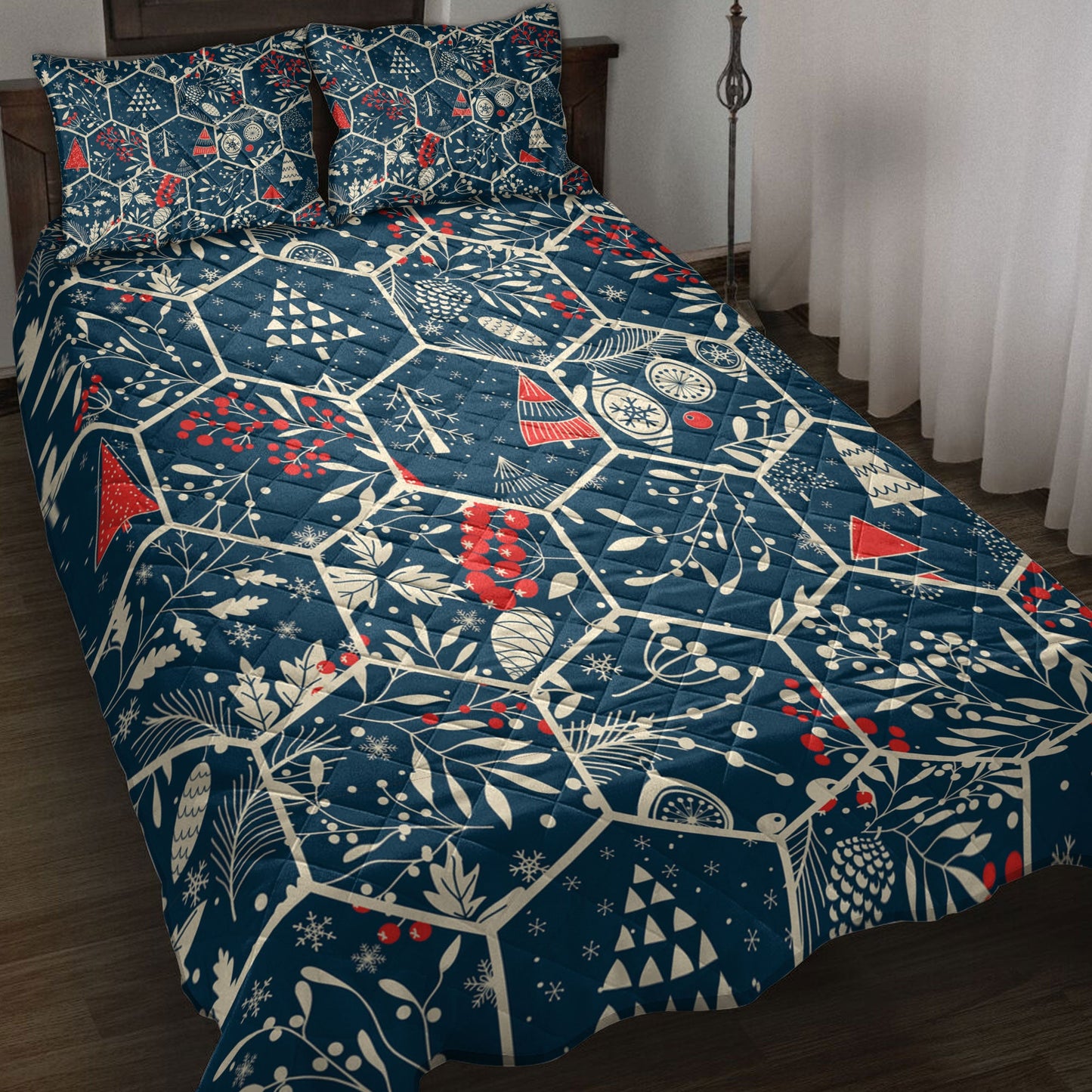 Christmas Quilt Set, Merrymas With Fir Conemas Trees Holly Leaves Berries Quilt Blanket With Pillowcases, Quilt Bedding Set, Christmas Gift