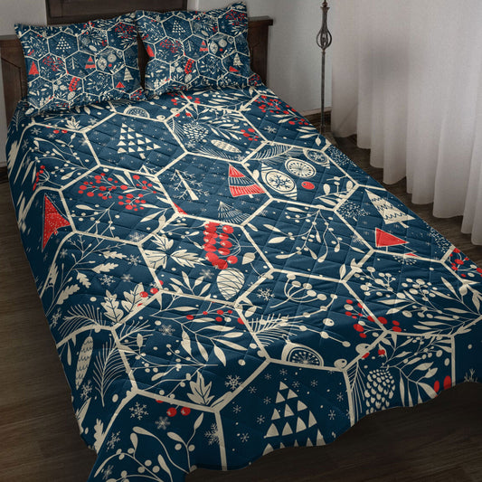 Christmas Quilt Set, Merrymas With Fir Conemas Trees Holly Leaves Berries Quilt Blanket With Pillowcases, Quilt Bedding Set, Christmas Gift