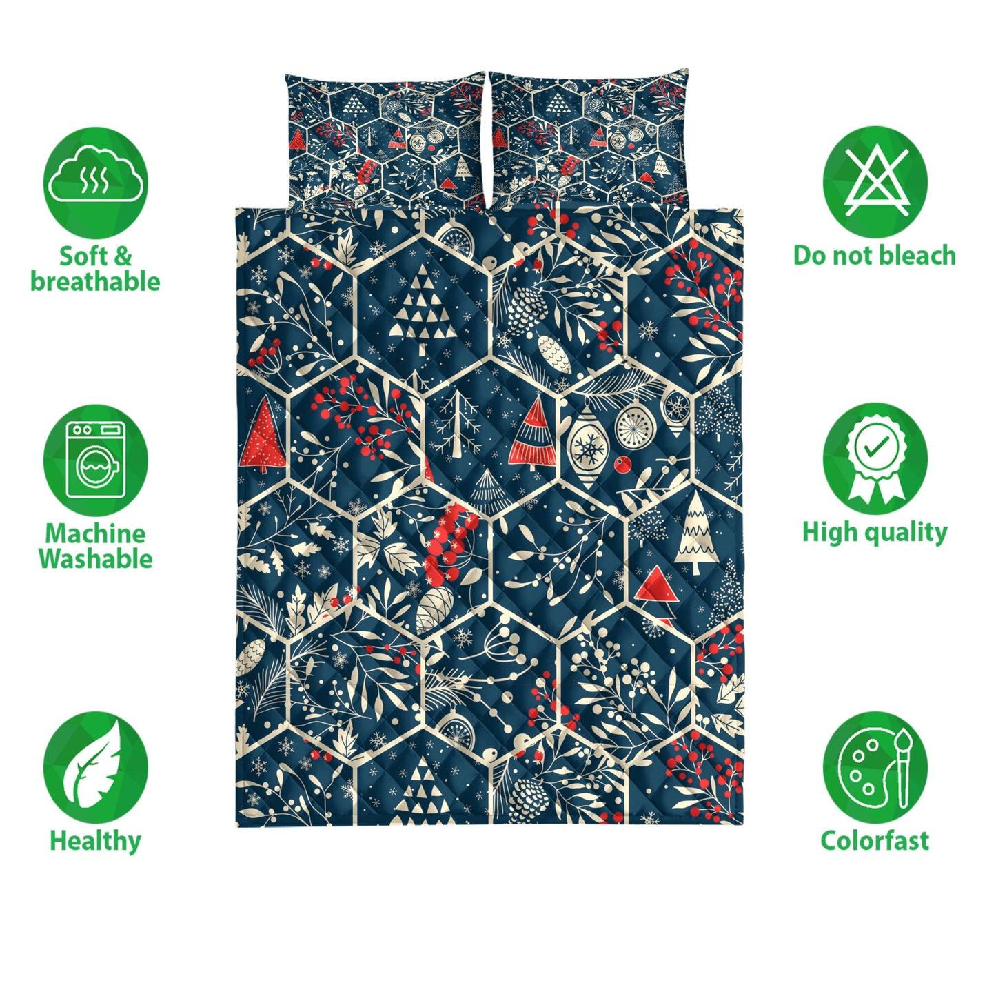 Christmas Quilt Set, Merrymas With Fir Conemas Trees Holly Leaves Berries Quilt Blanket With Pillowcases, Quilt Bedding Set, Christmas Gift
