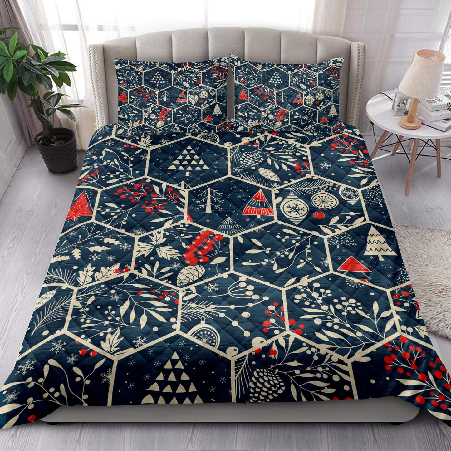 Christmas Quilt Set, Merrymas With Fir Conemas Trees Holly Leaves Berries Quilt Blanket With Pillowcases, Quilt Bedding Set, Christmas Gift