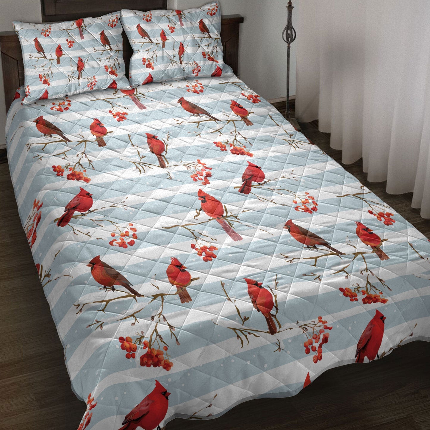 Cardinal Quilt Set, Winter Cardinal Birds Rowan Berries Snowflake Chrismass Quilt Blanket With Pillowcases, Quilt Bedding Set