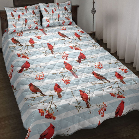 Cardinal Quilt Set, Winter Cardinal Birds Rowan Berries Snowflake Chrismass Quilt Blanket With Pillowcases, Quilt Bedding Set
