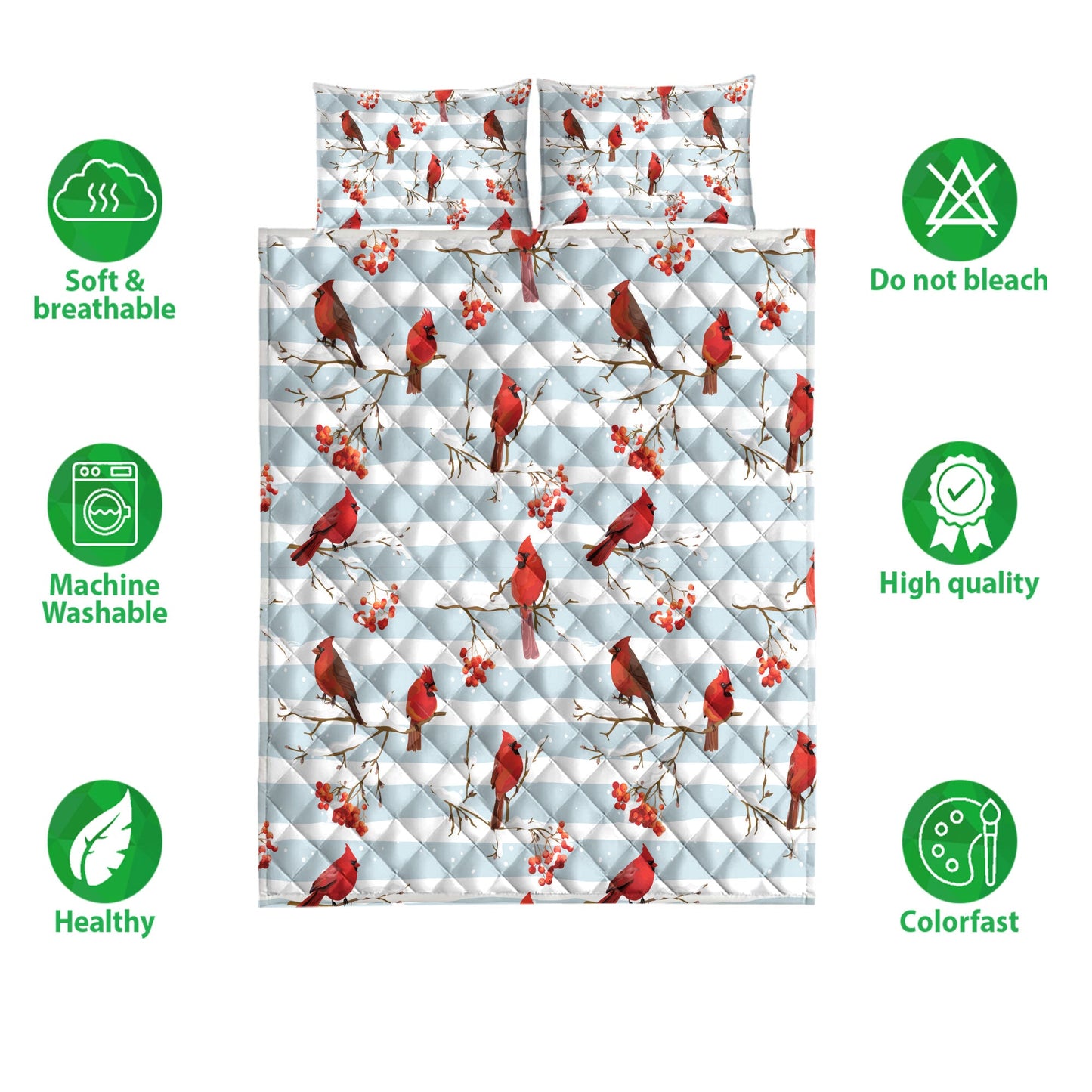 Cardinal Quilt Set, Winter Cardinal Birds Rowan Berries Snowflake Chrismass Quilt Blanket With Pillowcases, Quilt Bedding Set