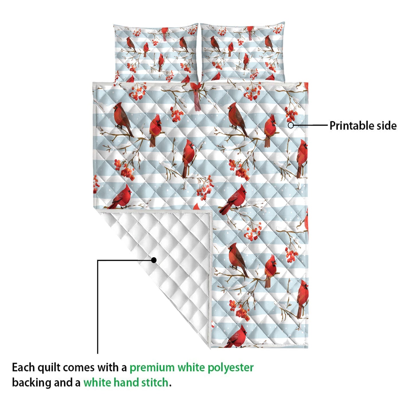 Cardinal Quilt Set, Winter Cardinal Birds Rowan Berries Snowflake Chrismass Quilt Blanket With Pillowcases, Quilt Bedding Set