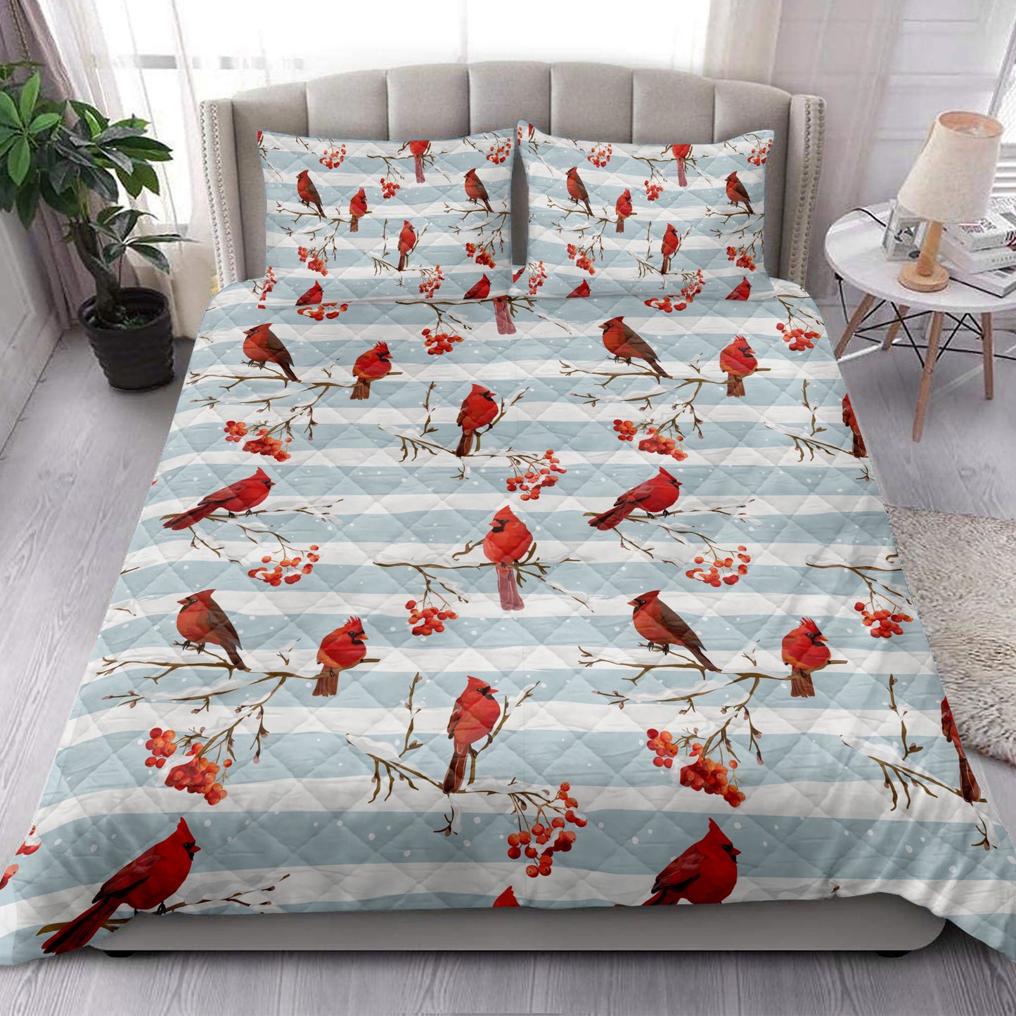 Cardinal Quilt Set, Winter Cardinal Birds Rowan Berries Snowflake Chrismass Quilt Blanket With Pillowcases, Quilt Bedding Set