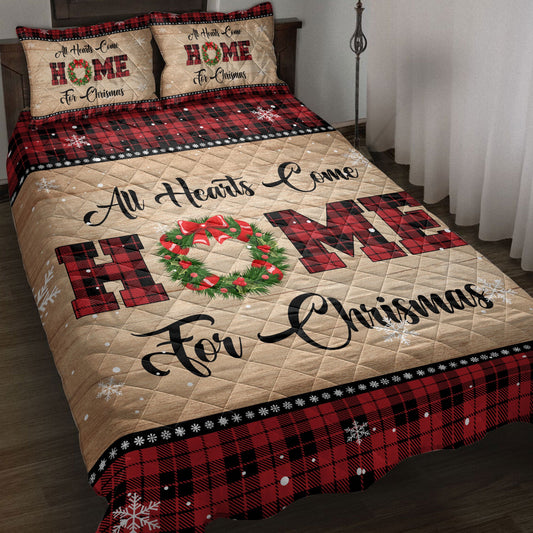 Christmas Quilt Set, All Hearts Come Homemas Snowflake Red Buffalo Plaid Quilt Blanket With Pillowcases, Quilt Bedding Set, Christmas Gift