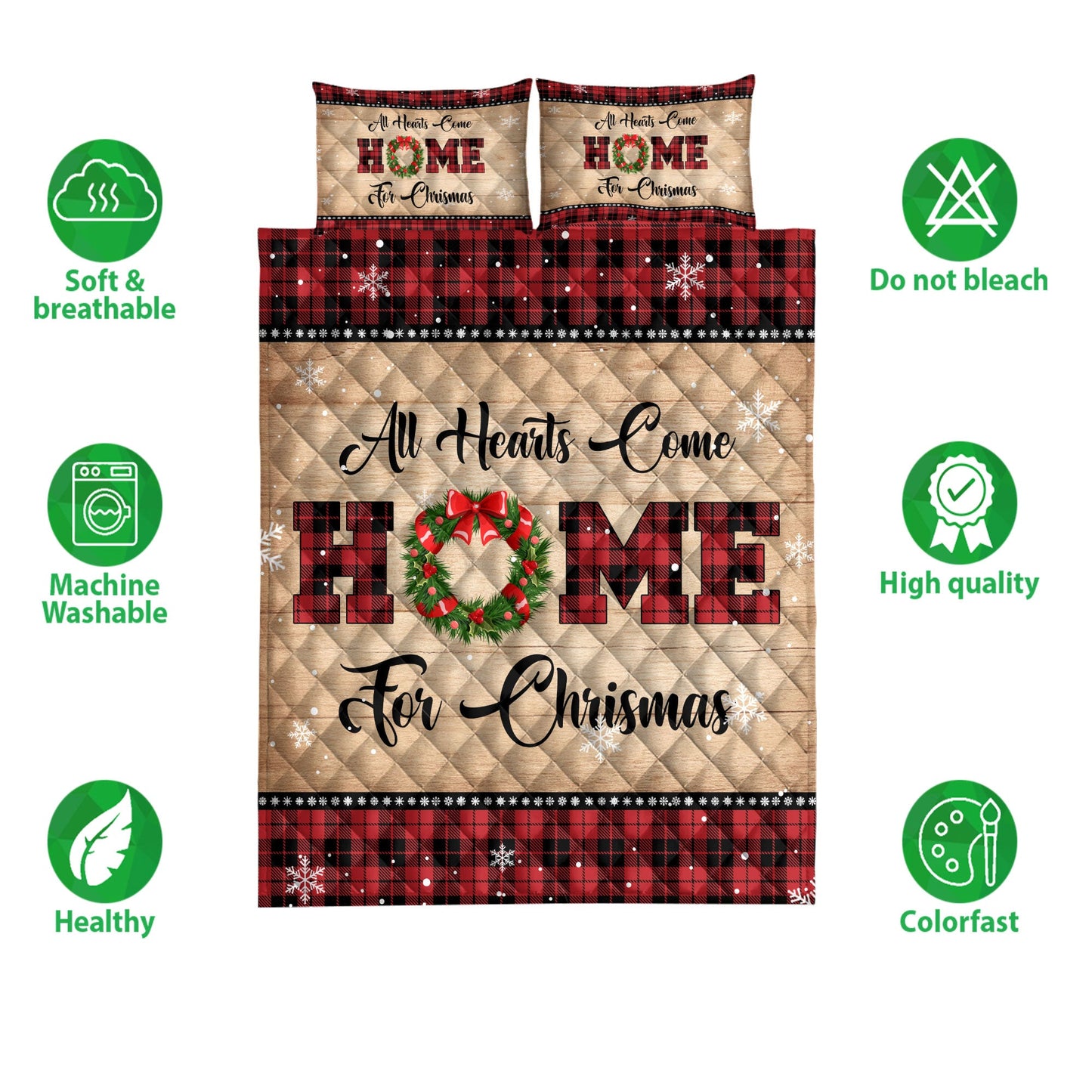 Christmas Quilt Set, All Hearts Come Homemas Snowflake Red Buffalo Plaid Quilt Blanket With Pillowcases, Quilt Bedding Set, Christmas Gift
