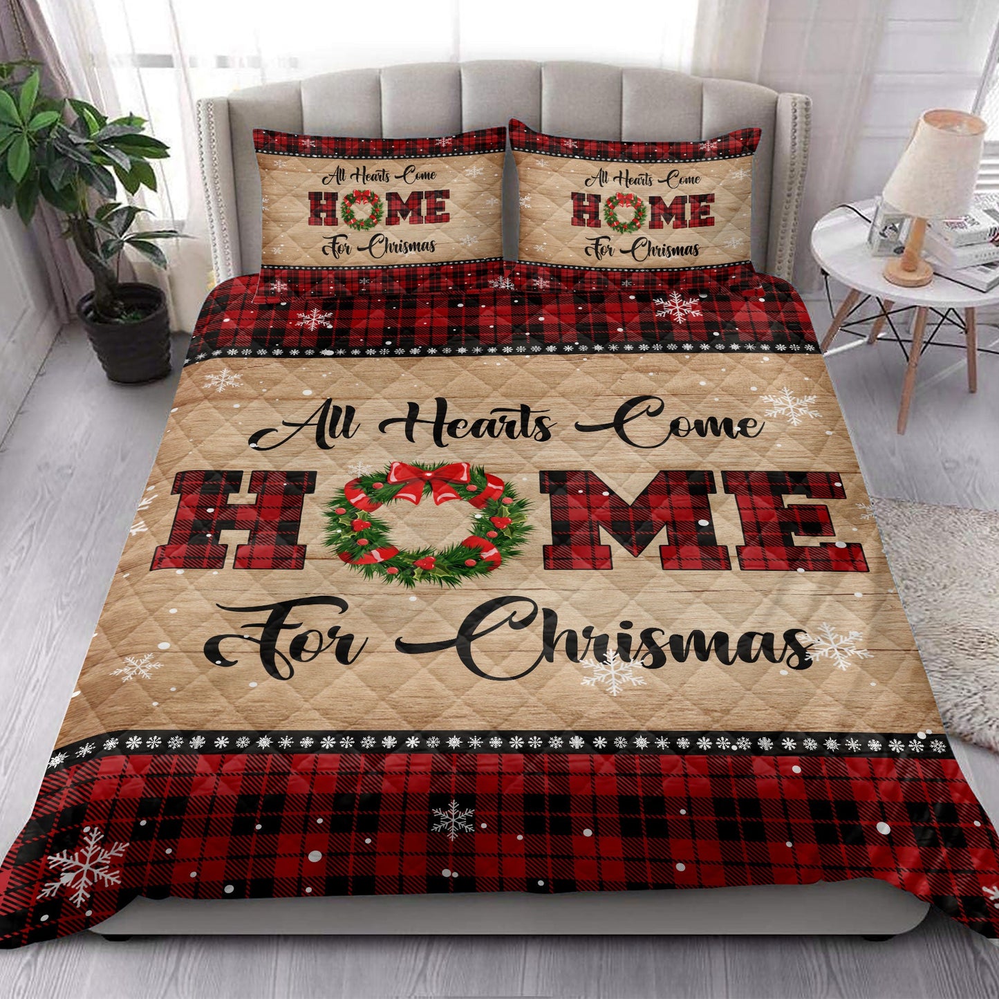 Christmas Quilt Set, All Hearts Come Homemas Snowflake Red Buffalo Plaid Quilt Blanket With Pillowcases, Quilt Bedding Set, Christmas Gift