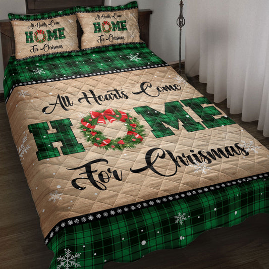 Christmas Quilt Set, All Hearts Come Homemas Snowflake Green Buffalo Plaid Quilt Blanket With Pillowcases, Quilt Bedding Set, Christmas Gift