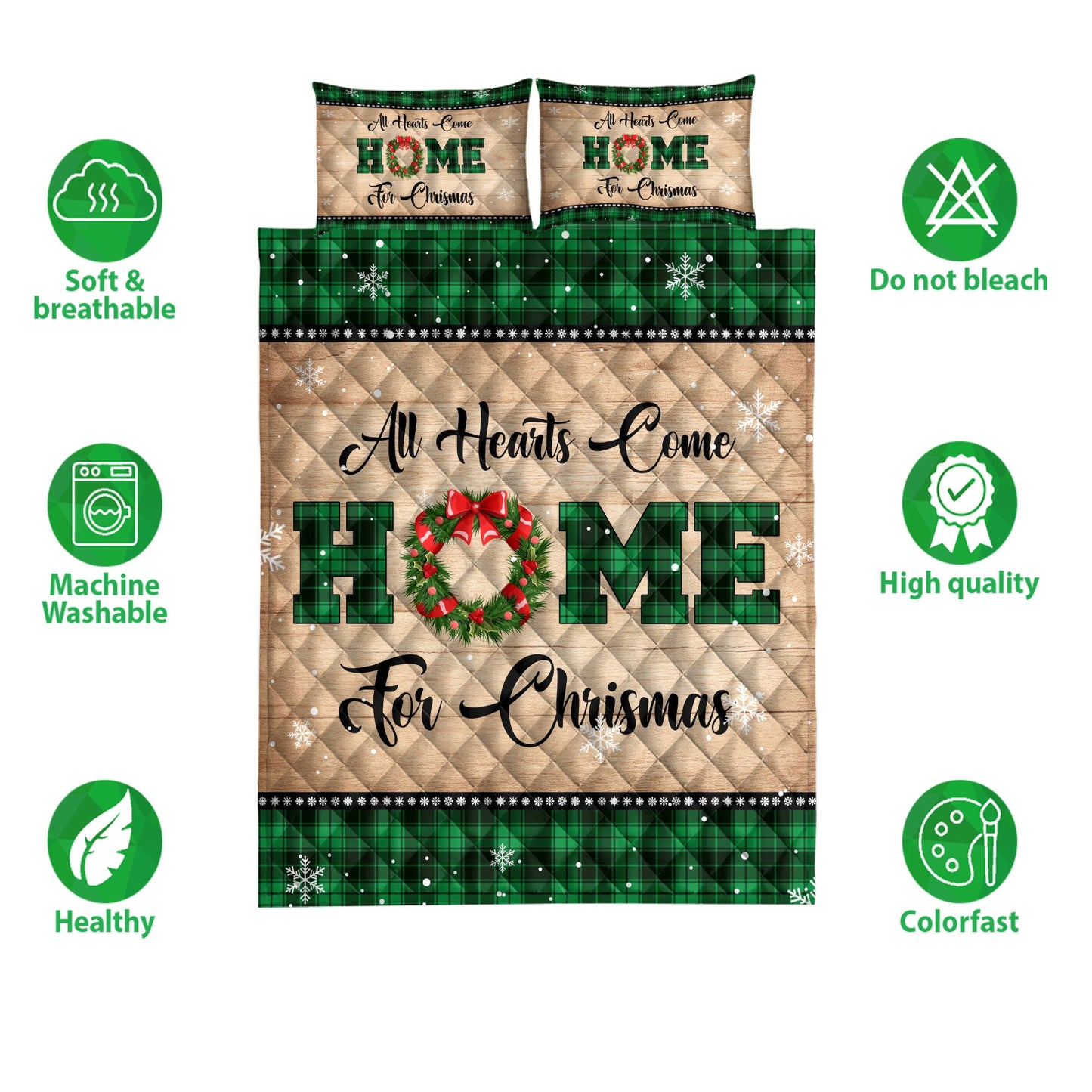 Christmas Quilt Set, All Hearts Come Homemas Snowflake Green Buffalo Plaid Quilt Blanket With Pillowcases, Quilt Bedding Set, Christmas Gift