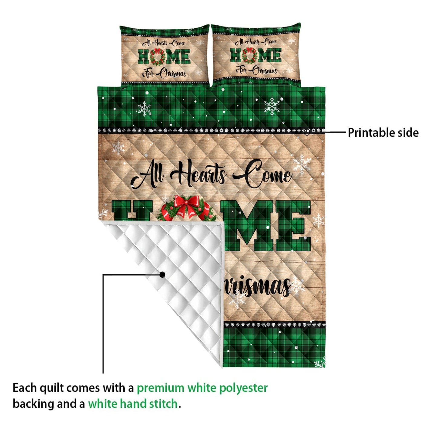 Christmas Quilt Set, All Hearts Come Homemas Snowflake Green Buffalo Plaid Quilt Blanket With Pillowcases, Quilt Bedding Set, Christmas Gift